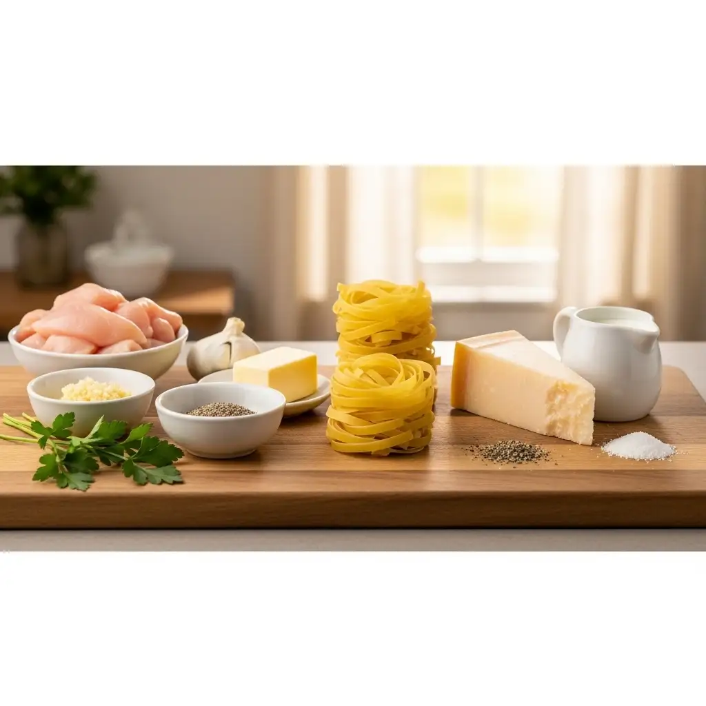 Ingredients of Garlic Butter Chicken Bites with Creamy Parmesan Pasta