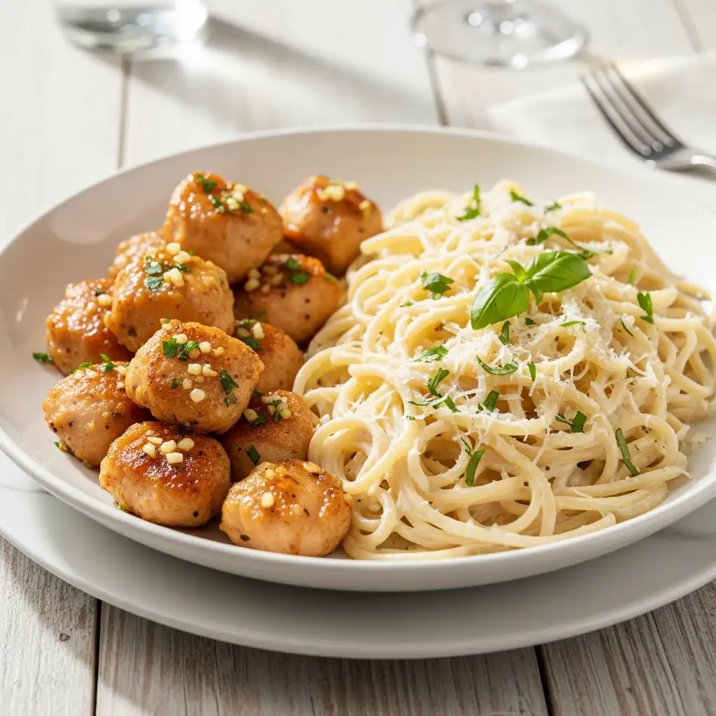 Irresistible Garlic Butter Chicken Bites with Creamy Parmesan Pasta