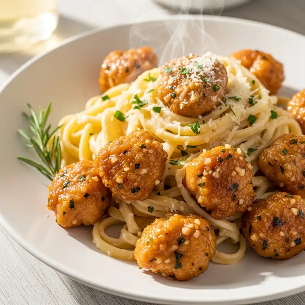 Irresistible Garlic Butter Chicken Bites with Creamy Parmesan Pasta